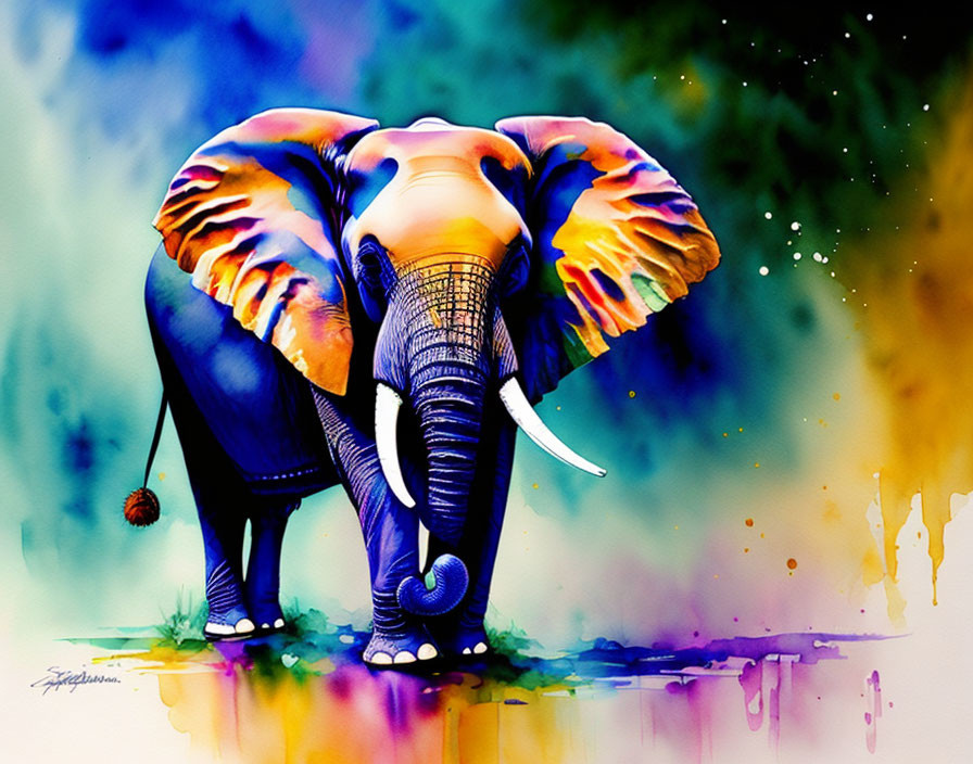 Vibrant blue and yellow elephant painting on white background