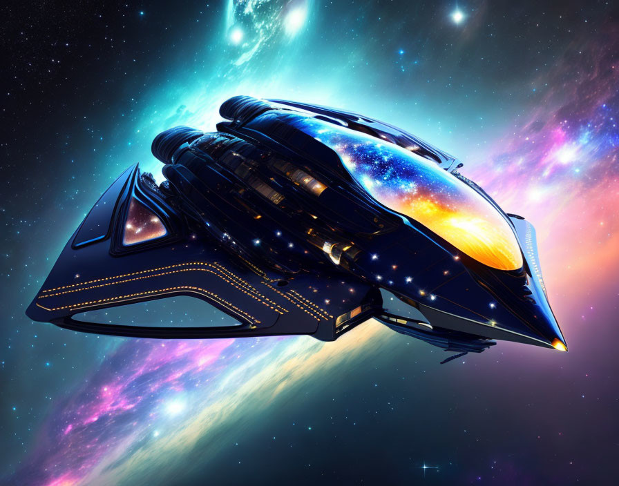 Futuristic spaceship in vibrant celestial cosmos