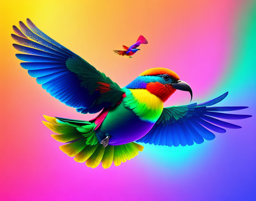 Colorful Birds in Flight Against Rainbow Background