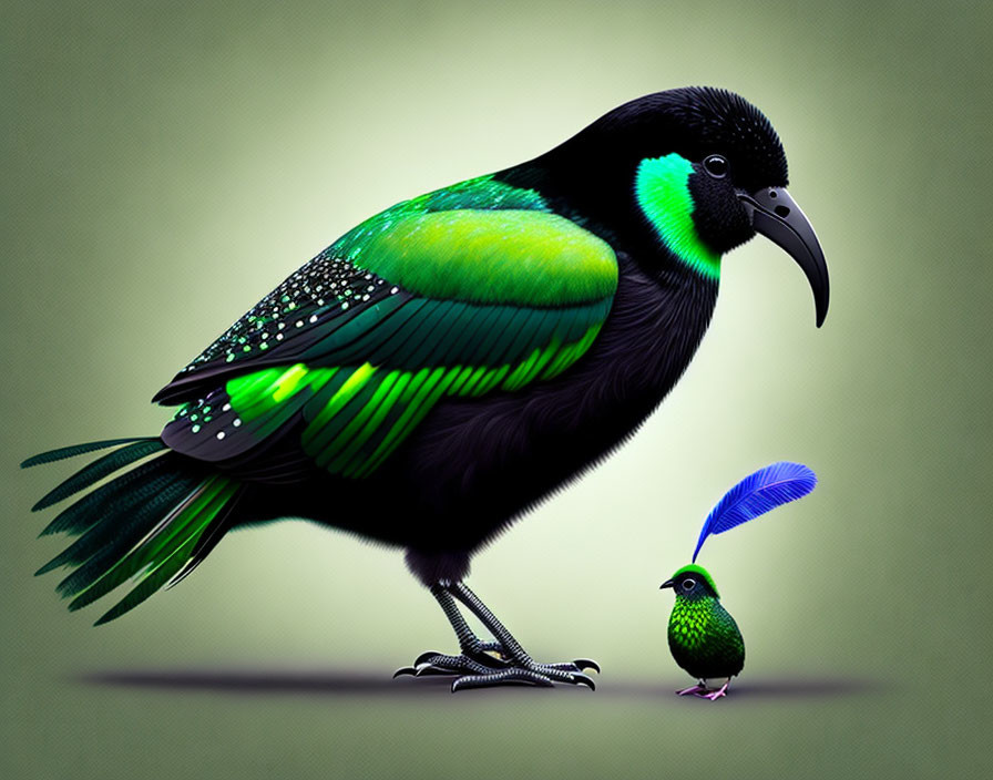 Colorful Digital Illustration of Large Black Bird with Iridescent Green Feathers