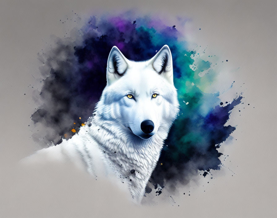 White Wolf with Blue Eyes in Vibrant Watercolor Background