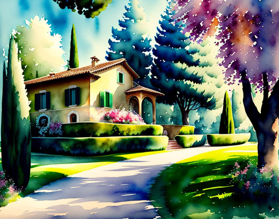 Colorful Watercolor Painting: Villa, Trees, Flowers, Path, Blue Sky