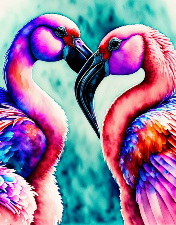 Vibrant colorful flamingos in symmetrical pose on blue background