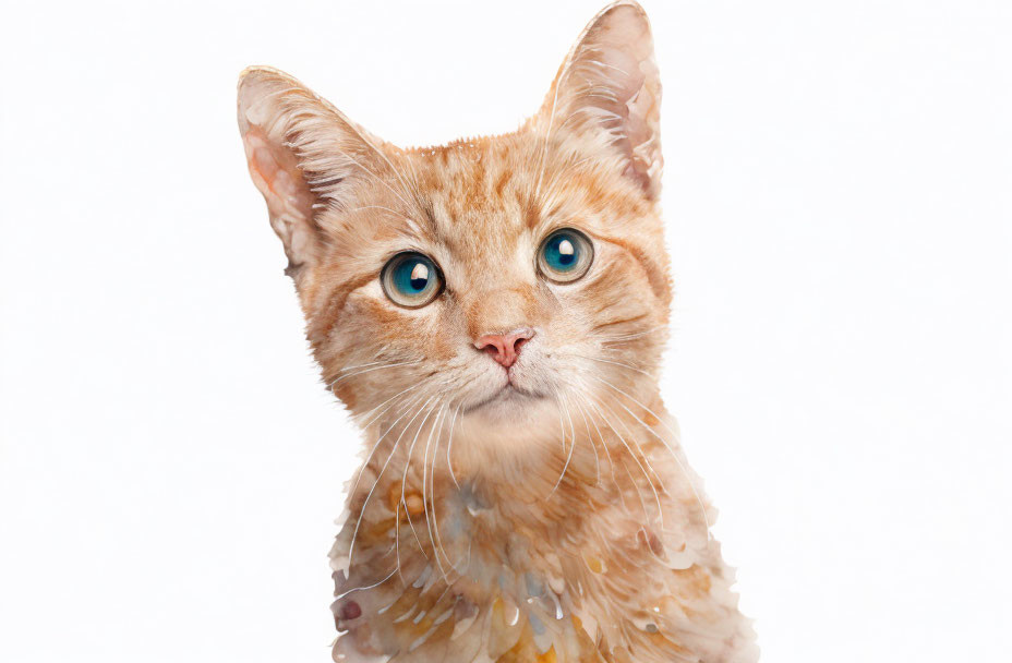 Orange Tabby Cat with Green Eyes and Wet Fur on White Background