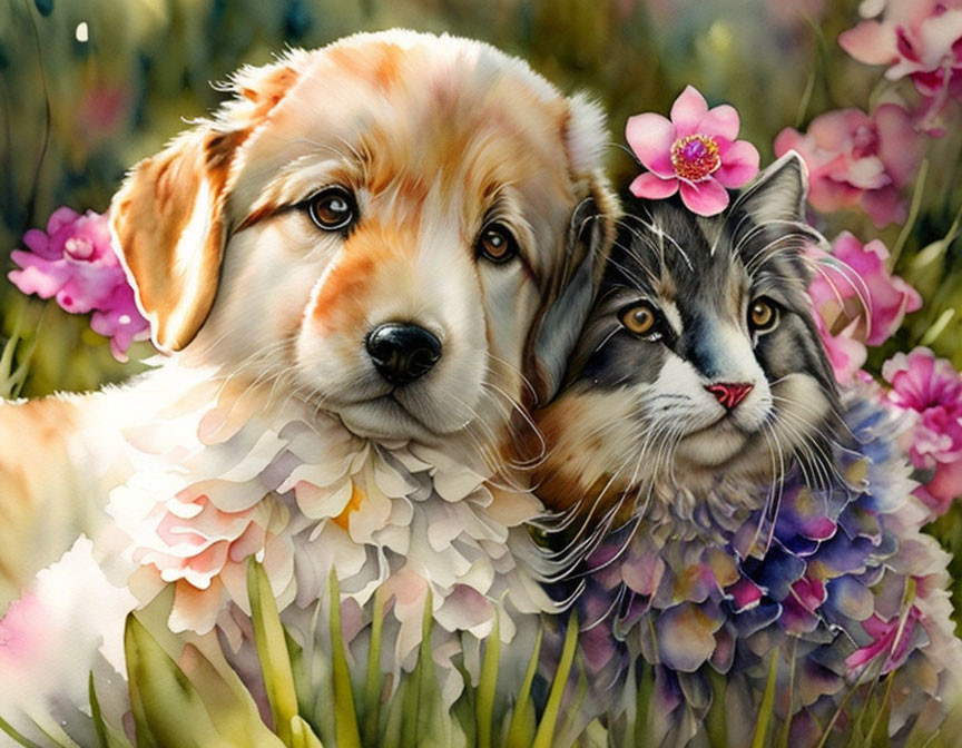 Illustration of playful puppy and kitten with flower petals, showcasing adorable friendship