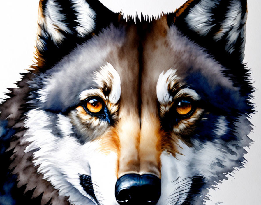 Detailed Watercolor Painting of Wolf with Orange Eyes and Gray-Brown Fur