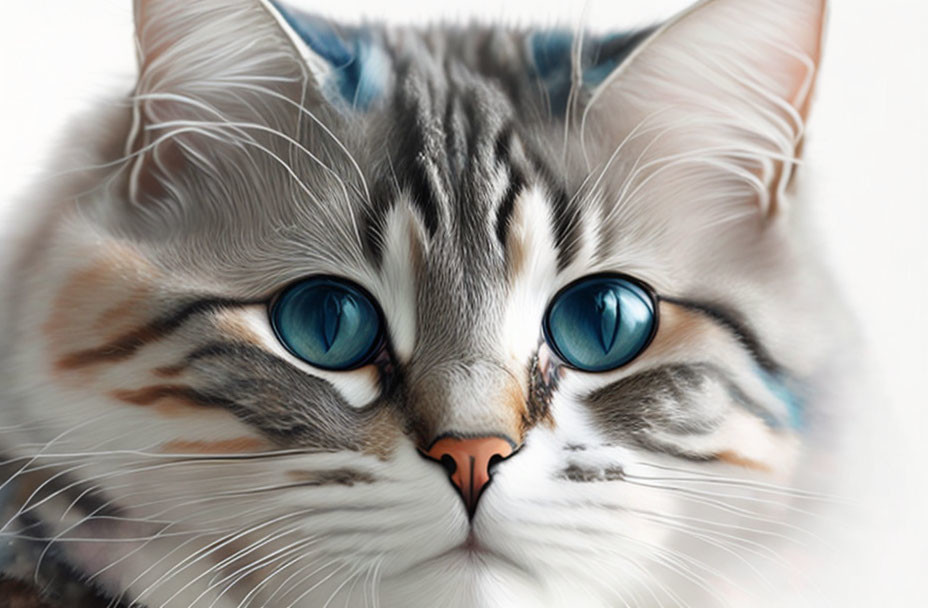 Fluffy tabby cat with blue eyes and whiskers.