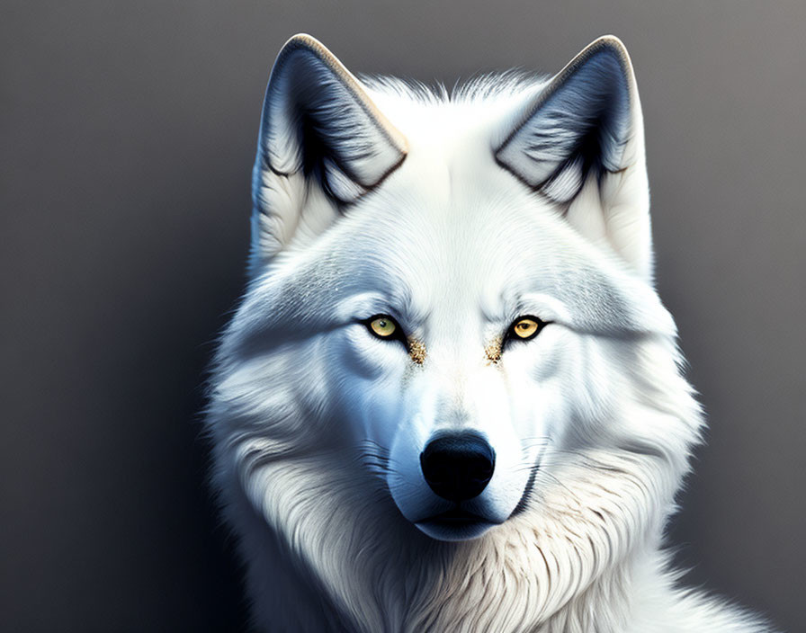 White Wolf with Yellow Eyes in Close-Up Against Grey Background