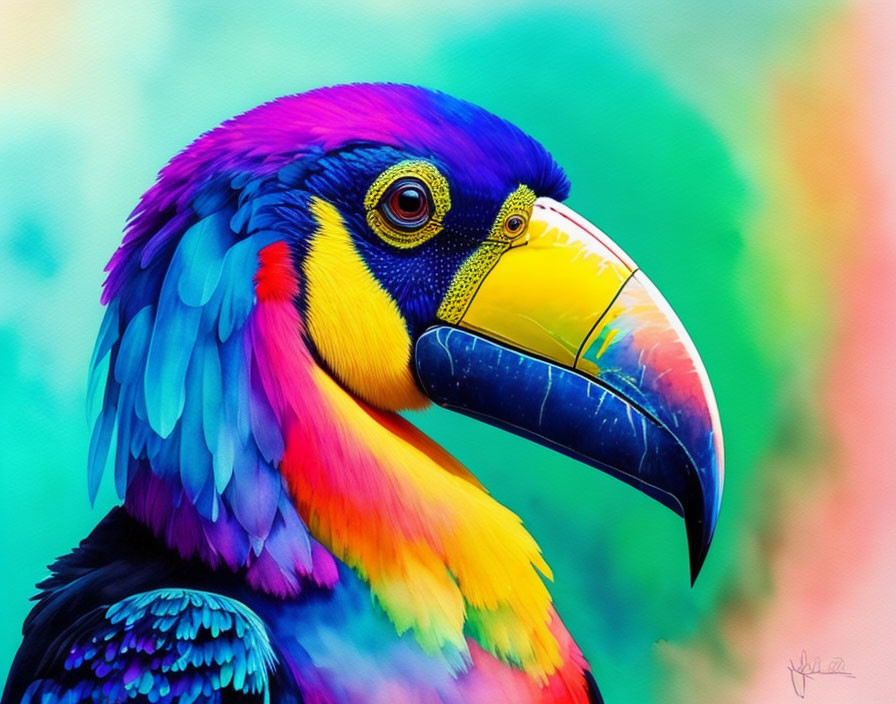 Vibrantly colored toucan with rainbow-hued beak on multicolored background