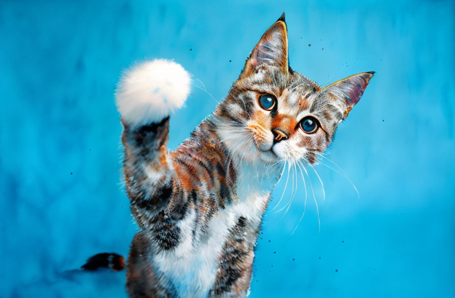 Tabby Cat with Striking Eyes Raising Paw on Blue Background