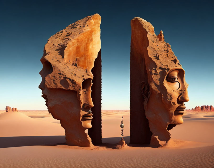 Symmetrical rock formations with chain in desert landscape