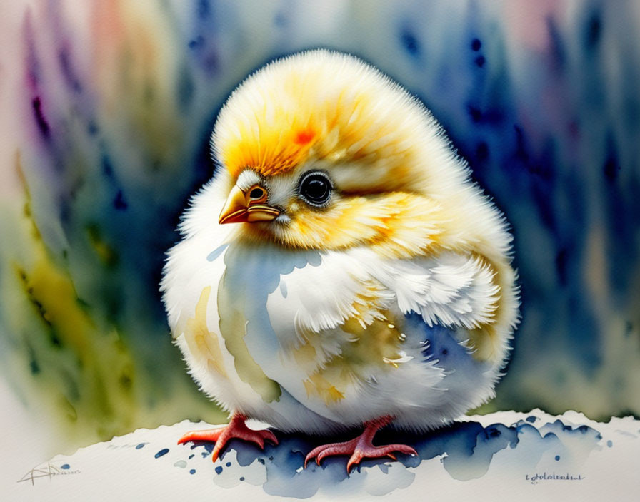 Fluffy yellow chick with orange head on watercolor background