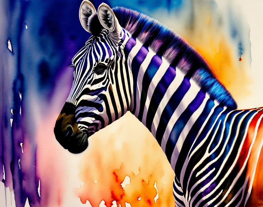 Zebra head and neck in watercolor with blue and orange splashes