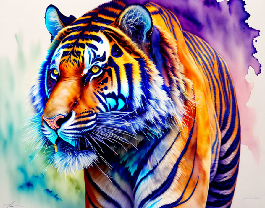 Colorful Tiger Artwork with Abstract Background in Orange, Blue, and Purple