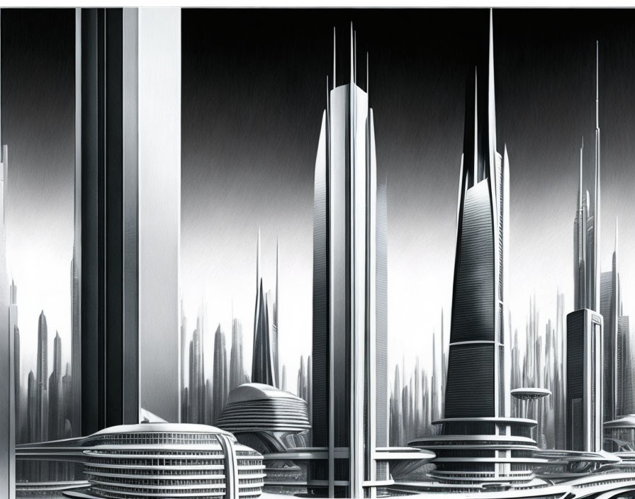 Futuristic monochromatic cityscape with sleek skyscrapers and advanced architecture