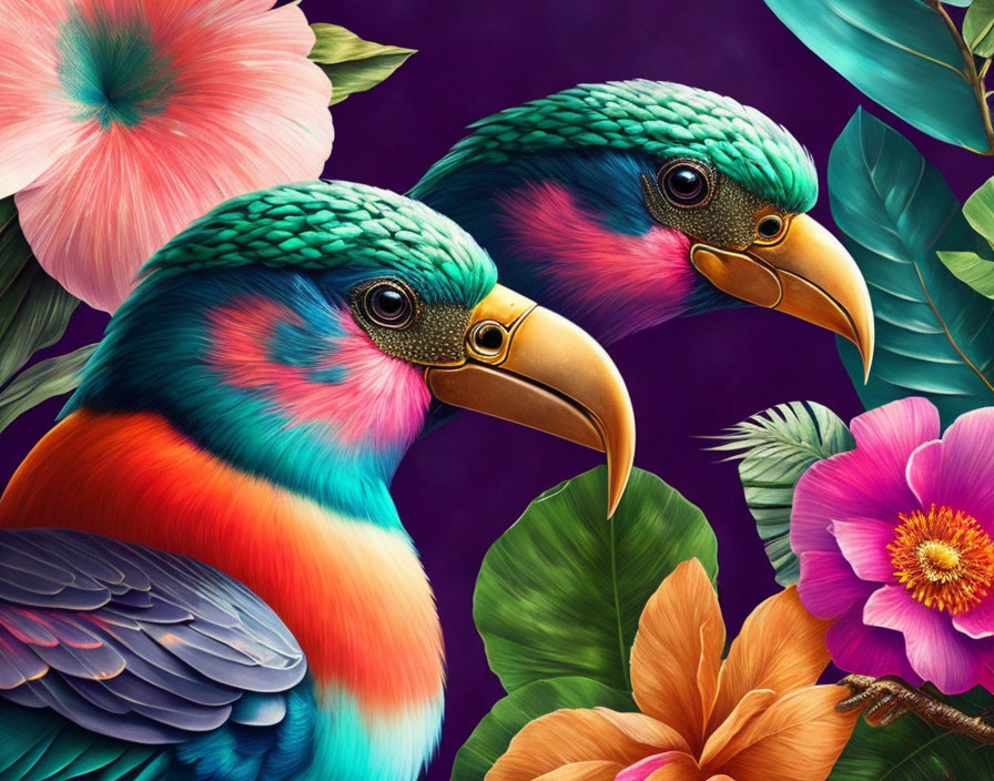 Colorful Toucans in Tropical Setting with Vibrant Foliage and Flowers