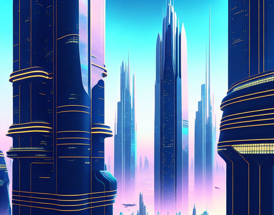 Futuristic cityscape with neon skyscrapers in pink and blue sky