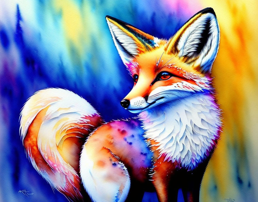 Colorful Watercolor Painting of Fox in Blue and Purple Hues