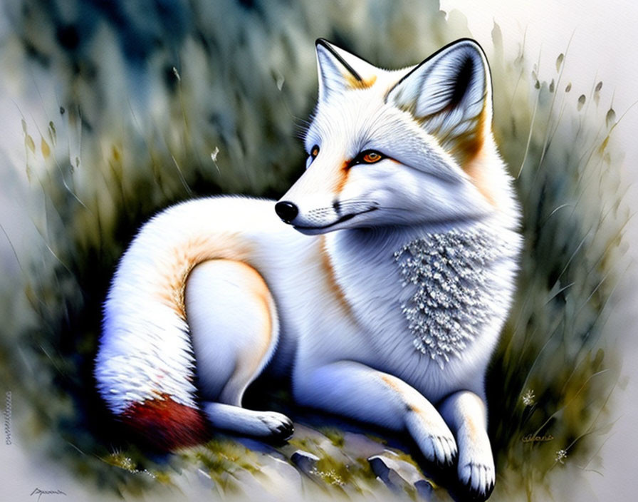 Detailed Fox Illustration with Bright Blue Eyes in Tranquil Natural Setting