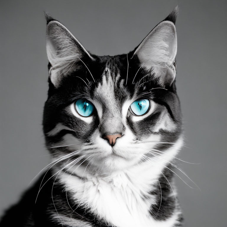 Black and White Cat with Striking Blue Eyes on Grey Background