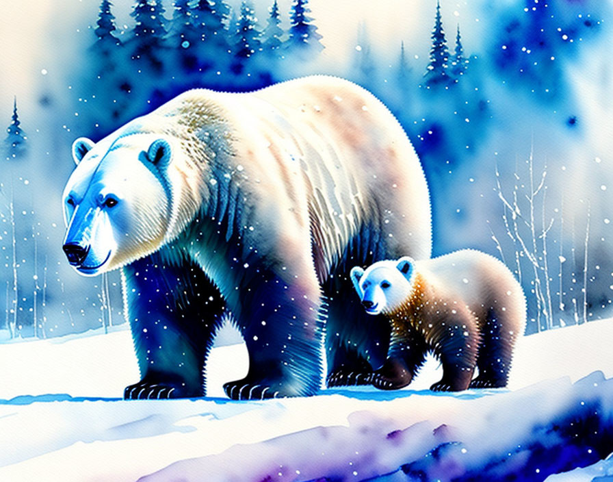 Adult Polar Bear and Cub in Snowy Landscape with Falling Snowflakes