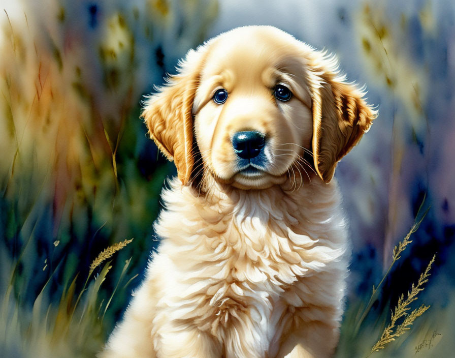 Fluffy golden retriever puppy in tall grass and wildflowers