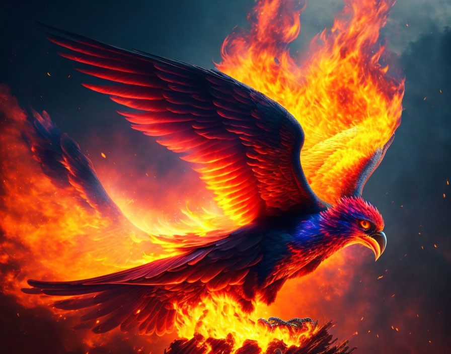 Vibrant flaming phoenix against ember backdrop