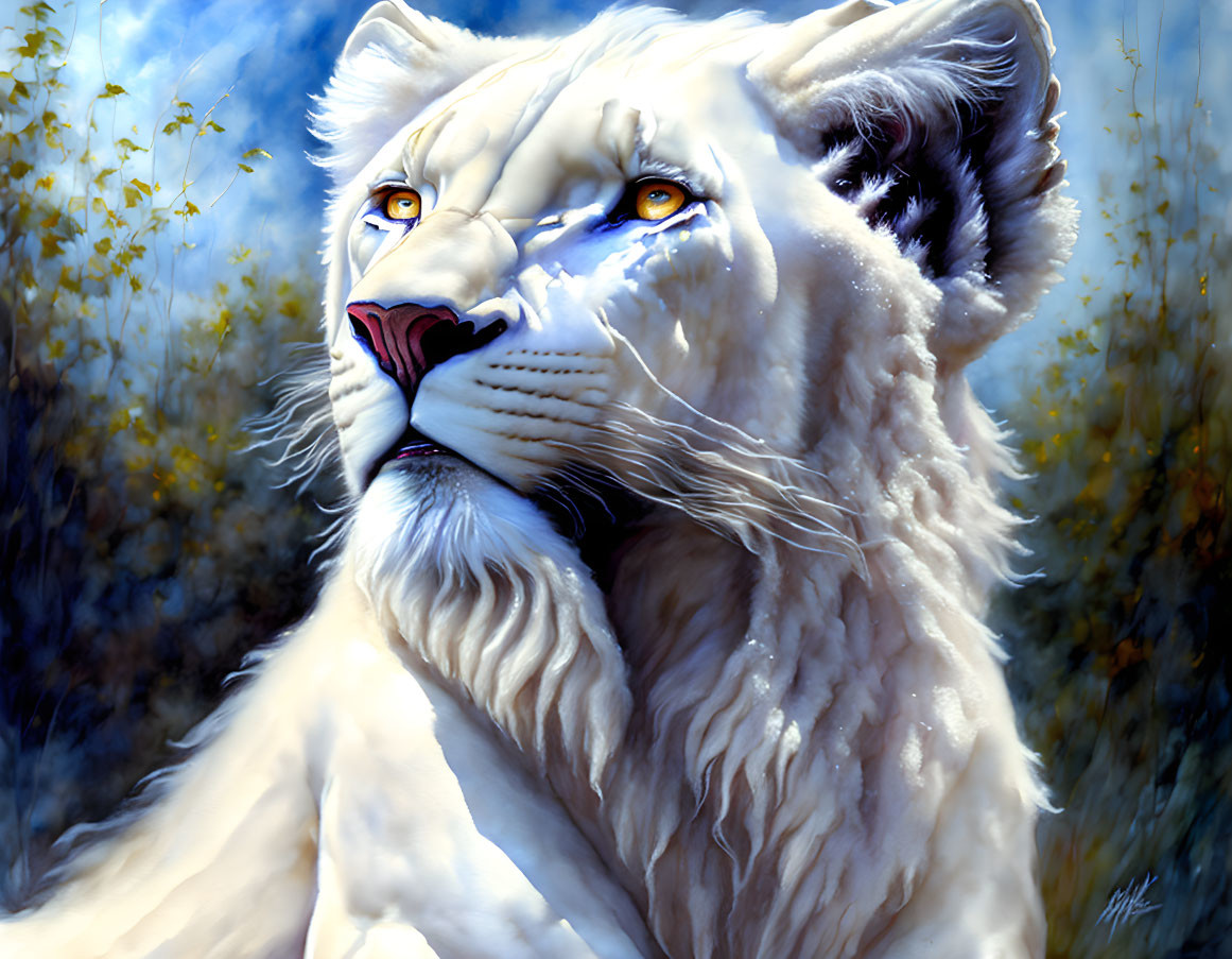 White lion with yellow eyes in blue and yellow flora landscape