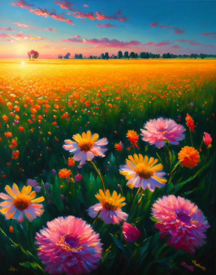 Vibrant field with pink and white flowers under sunset sky