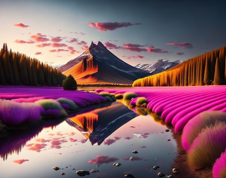 Vibrant surreal landscape with purple and pink grass, reflective lake, pine trees, and majestic mountain