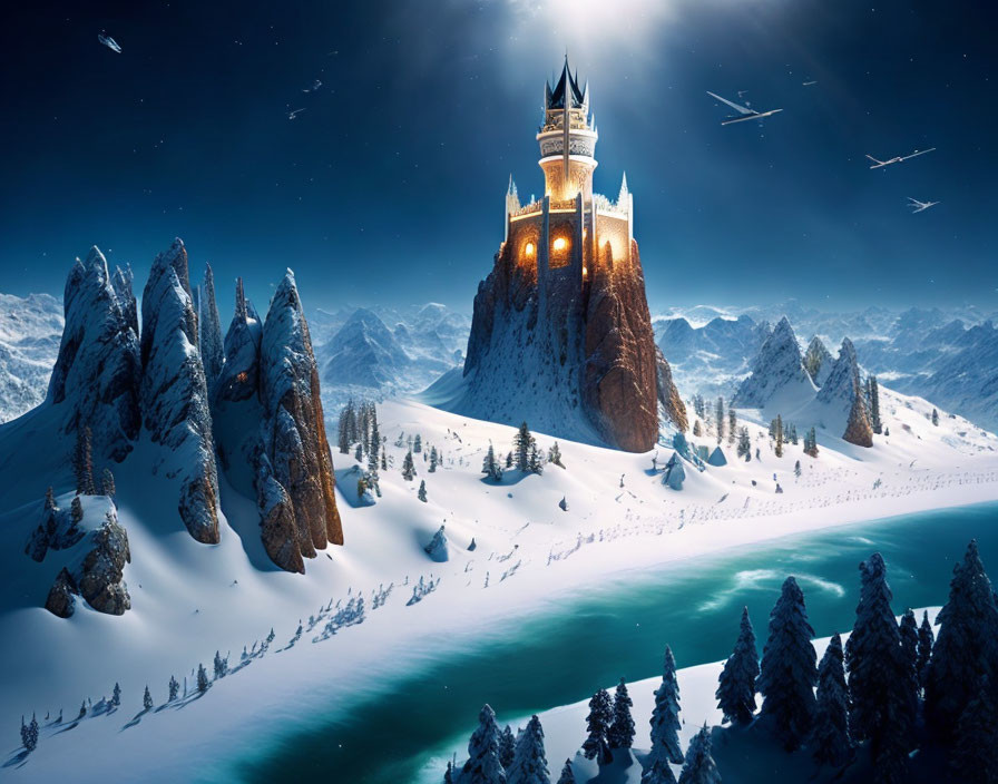 Snowy Hill Castle: Illuminated fortress in winter landscape with frozen river and starry sky