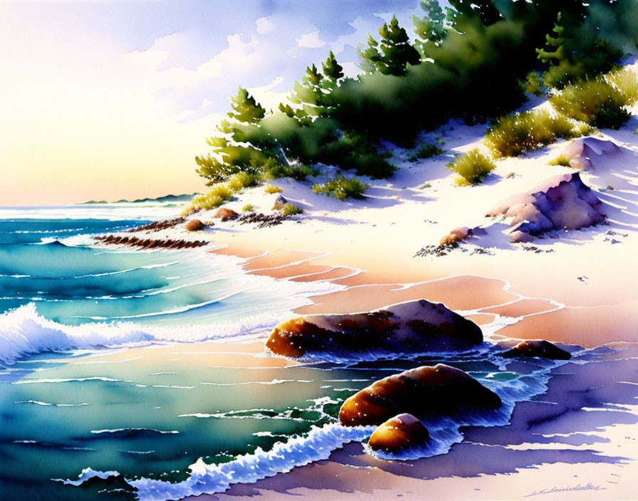 Tranquil beach scene with gentle waves and lush greenery