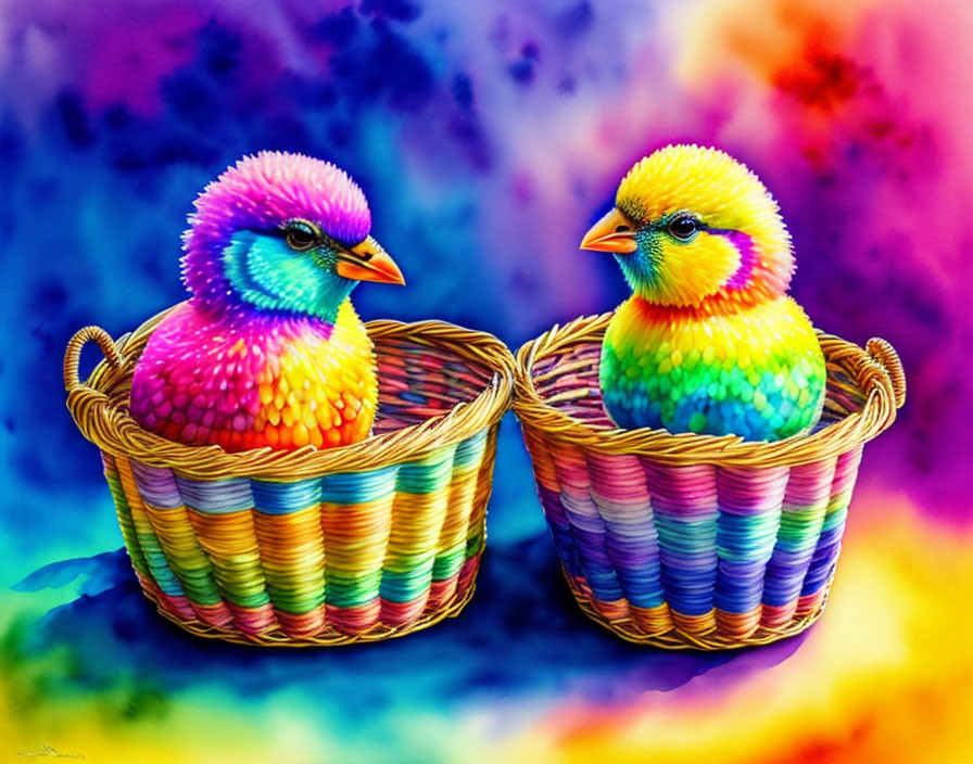 Colorful Rainbow Chicks in Baskets on Abstract Background