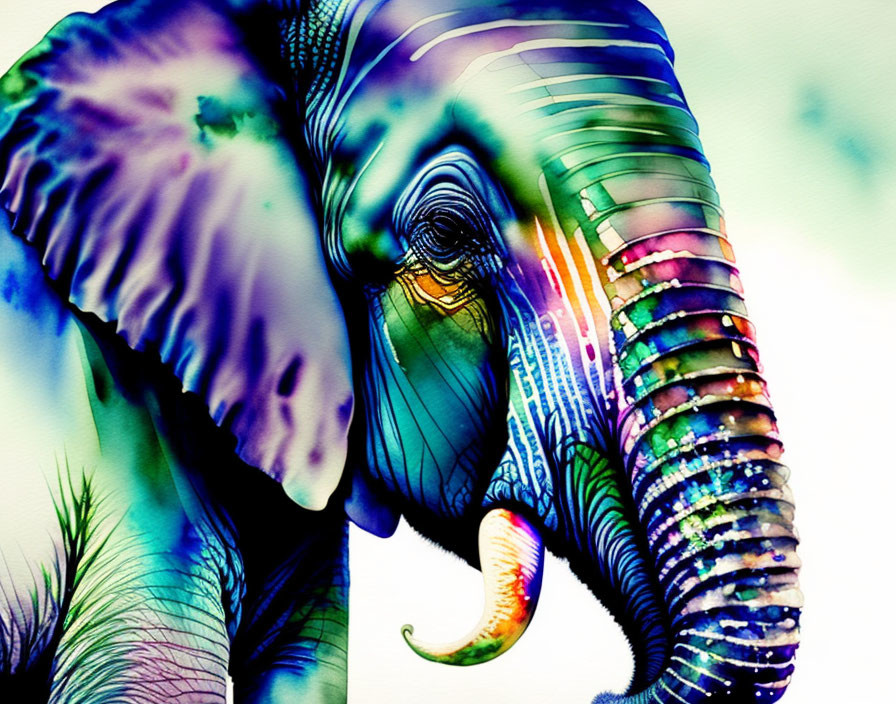 Colorful Psychedelic Elephant Illustration on Teal Background