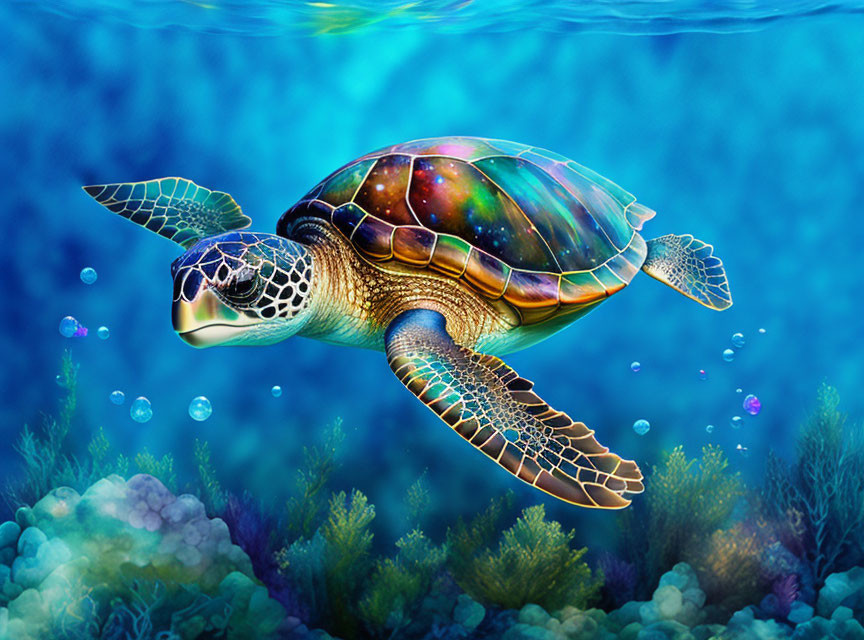 Sea Turtle with Galaxy-Like Shell in Vibrant Coral Reef