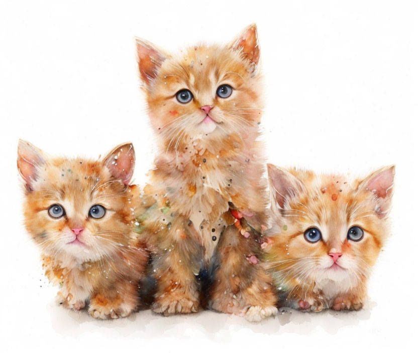 Three fluffy kittens with blue eyes and colorful paint splatters on white background