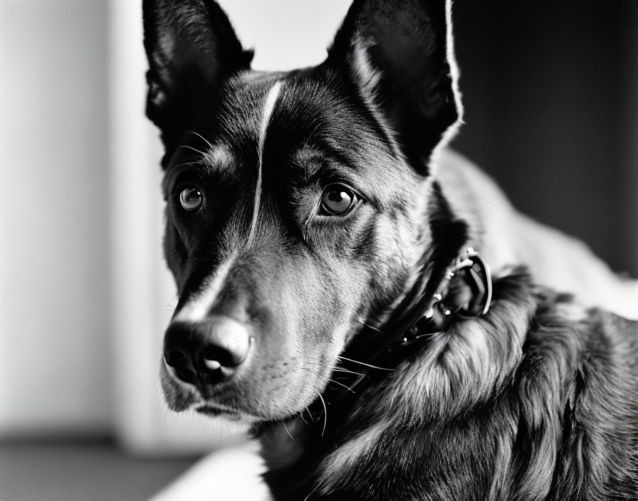 Black and Tan Dog with Erect Ears and Shiny Coat Gazes Sideways