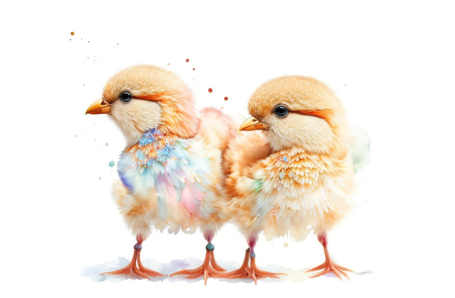 Colorful illustrated chicks with fluffy feathers and vibrant paint speckles on white background