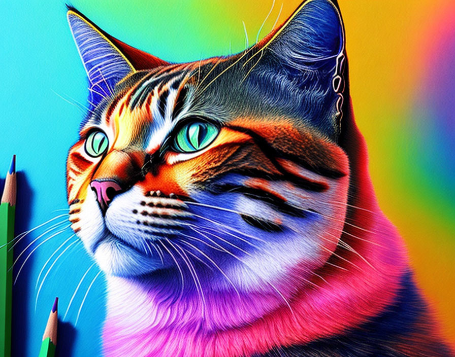 Colorful Digital Art of Cat with Intricate Patterns and Rainbow Background