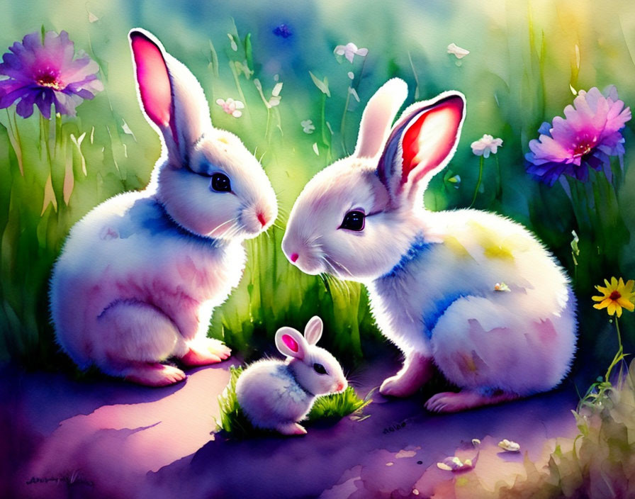 Adult and Baby Rabbits in Colorful Floral Setting