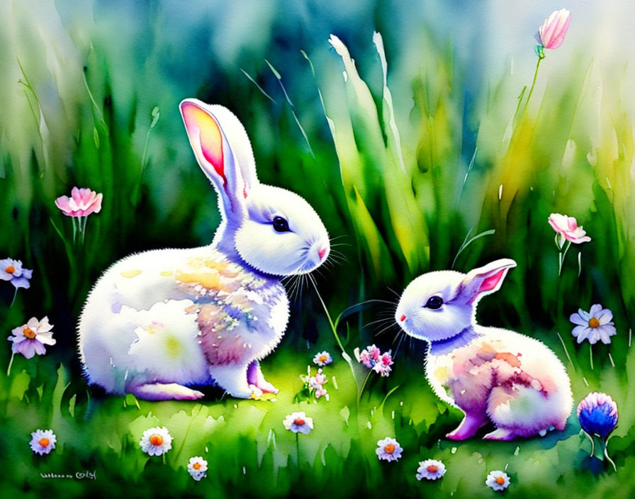 Illustrated rabbits in vibrant grass with colorful flowers on dreamlike watercolor backdrop