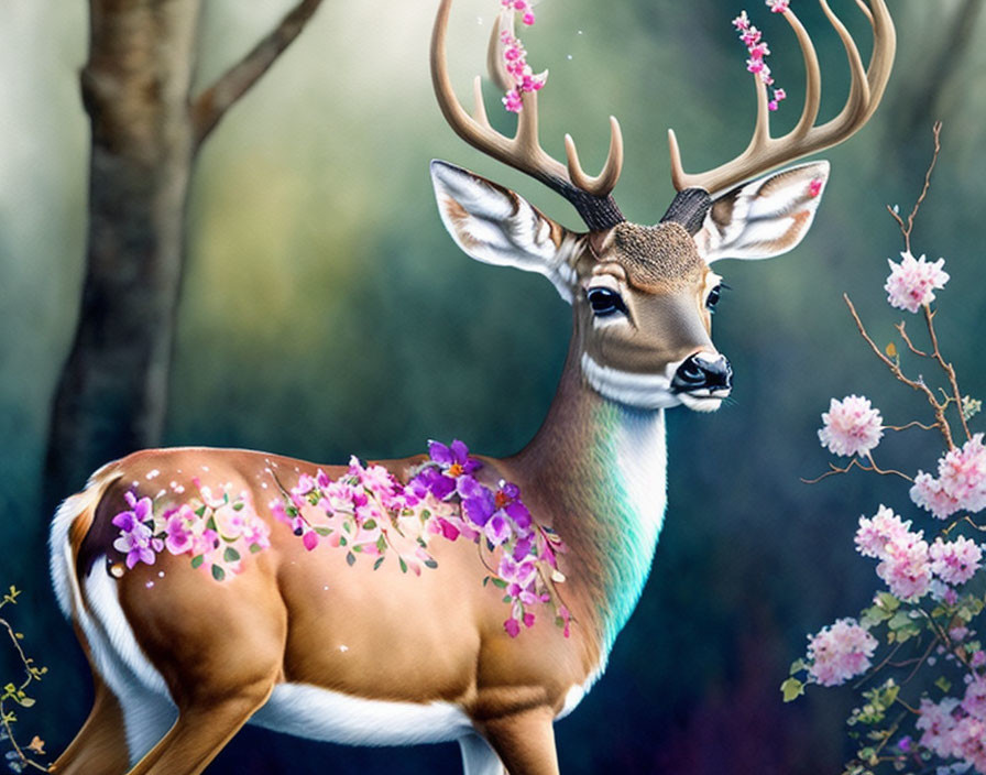 Fantastical deer with blooming flower antlers in nature setting