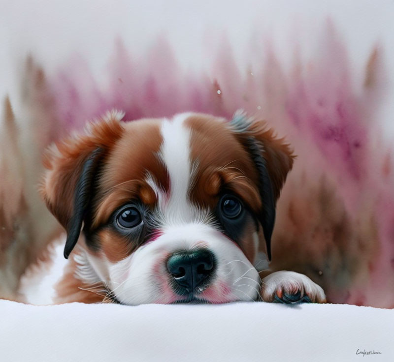 Sad-looking brown and white puppy painting on pink and gray background