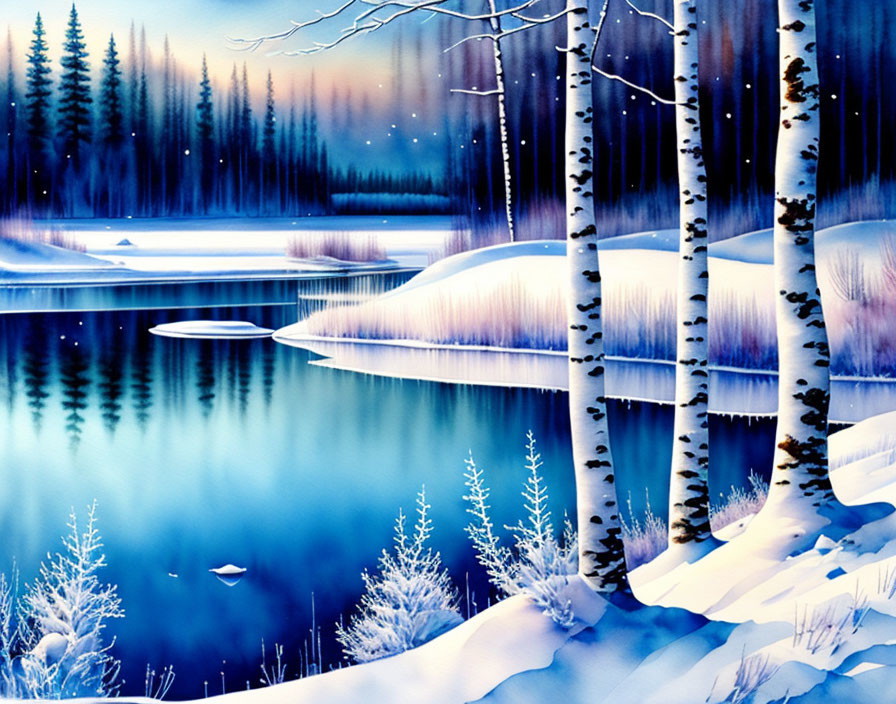 Snow-covered Winter Landscape with Birch Trees, Frozen Lake, and Pine Forest