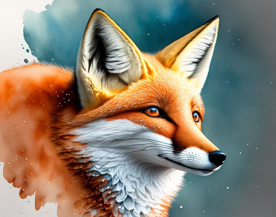 Detailed Fox Illustration with Realistic Fur and Watercolor Effect