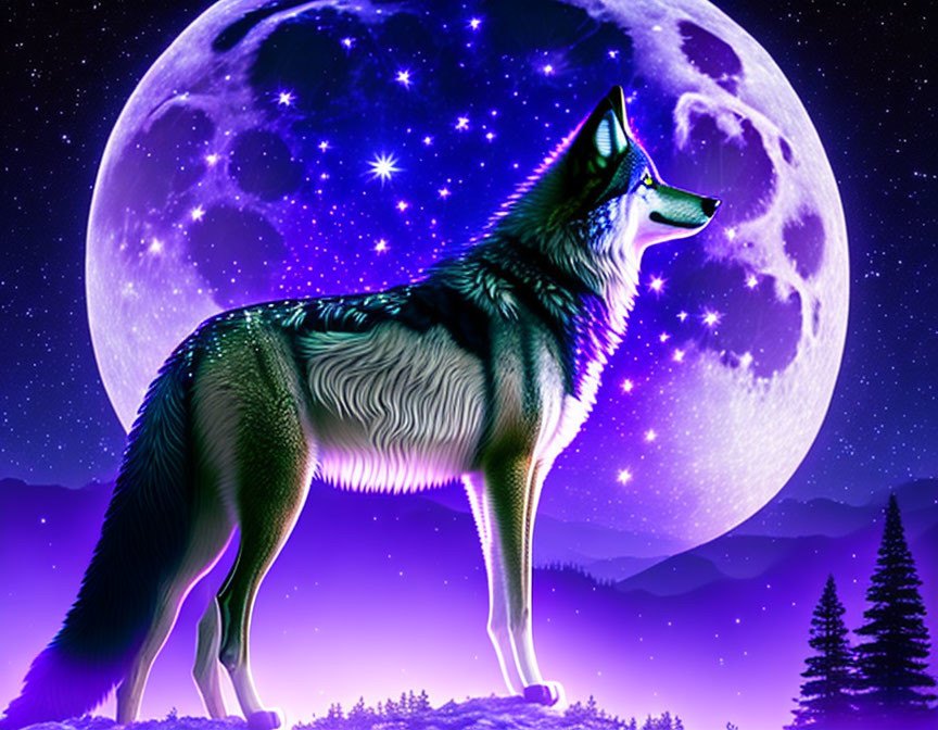 Majestic wolf silhouette under full moon and stars in tranquil forest landscape