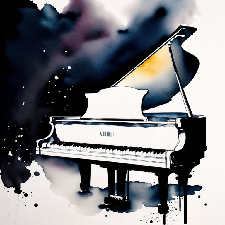 Abstract Watercolor Painting of Grand Piano in Black and Blue Hues