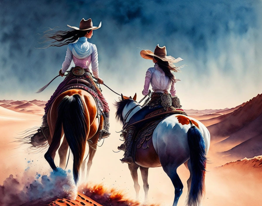 Two cowgirls on horses riding through desert landscape under dramatic sky