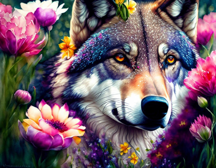 Colorful Wolf Head Artwork with Flowers and Glitter in Lush Flora