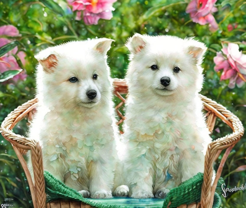 Fluffy White Puppies in Wicker Basket with Green Foliage and Pink Flowers